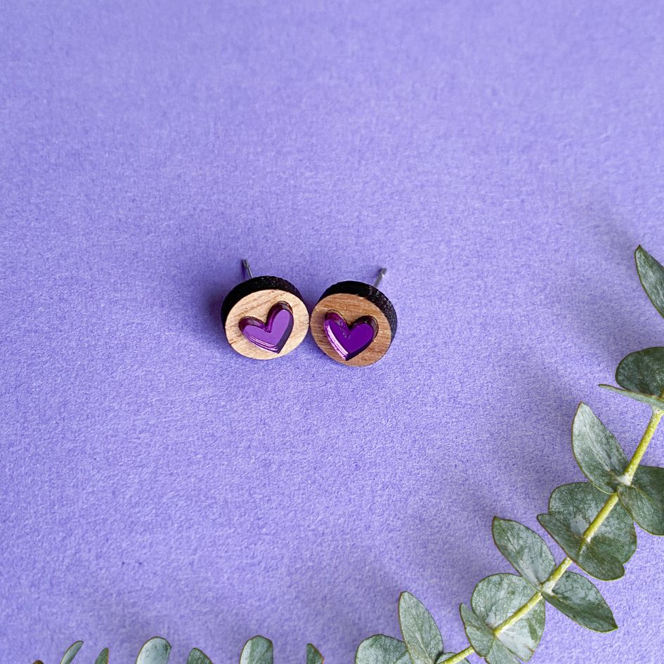 Shiny Purple Heart on Walnut Stud Earrings