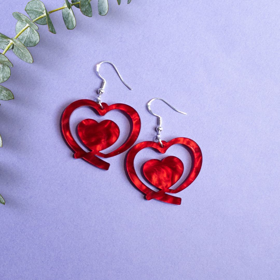 Marble Acrylic Red Double Heart Earrings